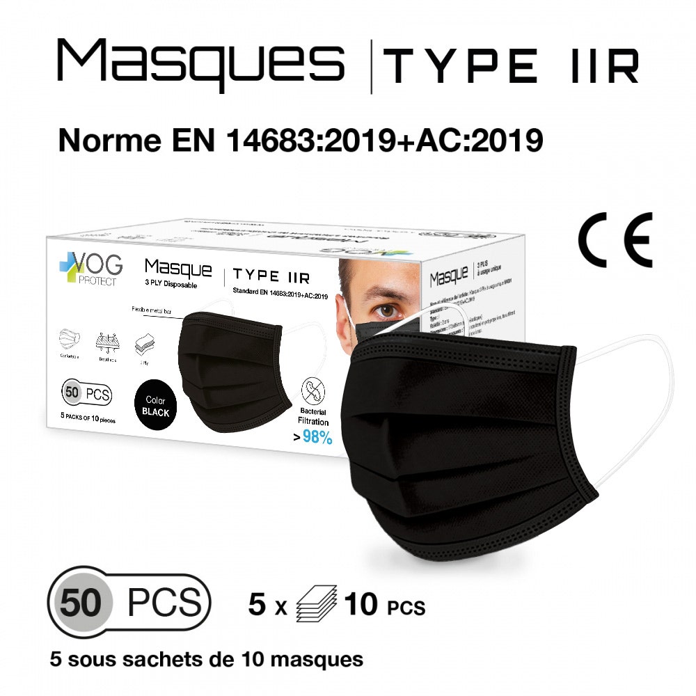Vog Protect Masques chirurgicaux jetables Noirs Type IIR EN 14683:2019+AC:2019 x50