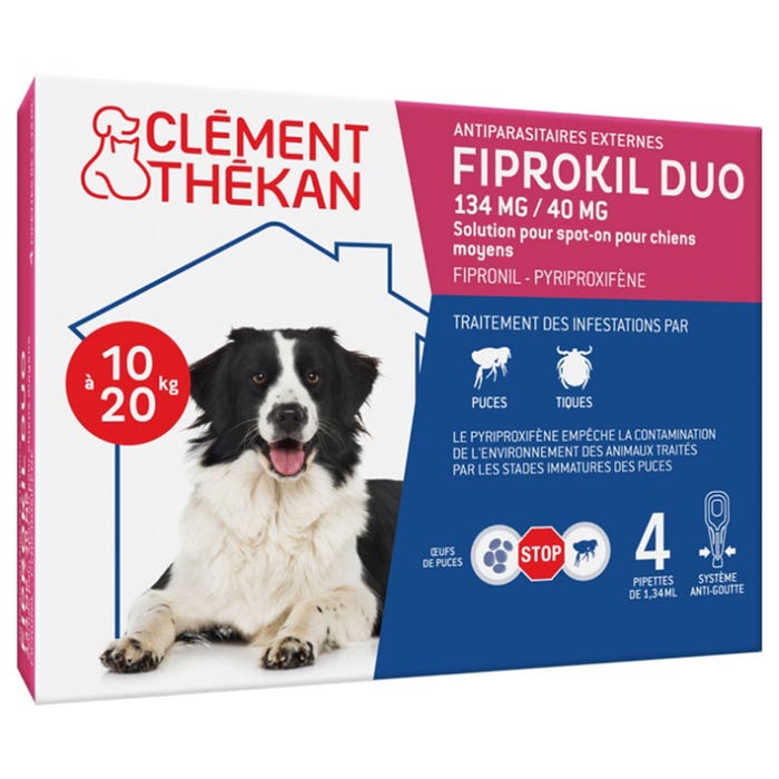 Clement-Thekan Fiprokil FIprokil Duo Flea & Tick Control for Dogs 10-20kg 4 Pipettes Chien 10-20kg 1.34ml x4 pipettes