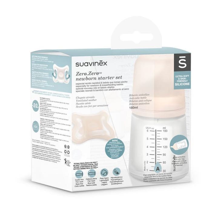 Suavinex Pack Feeding bottle 180ml Pacifier Zero, Zero -2M/2M