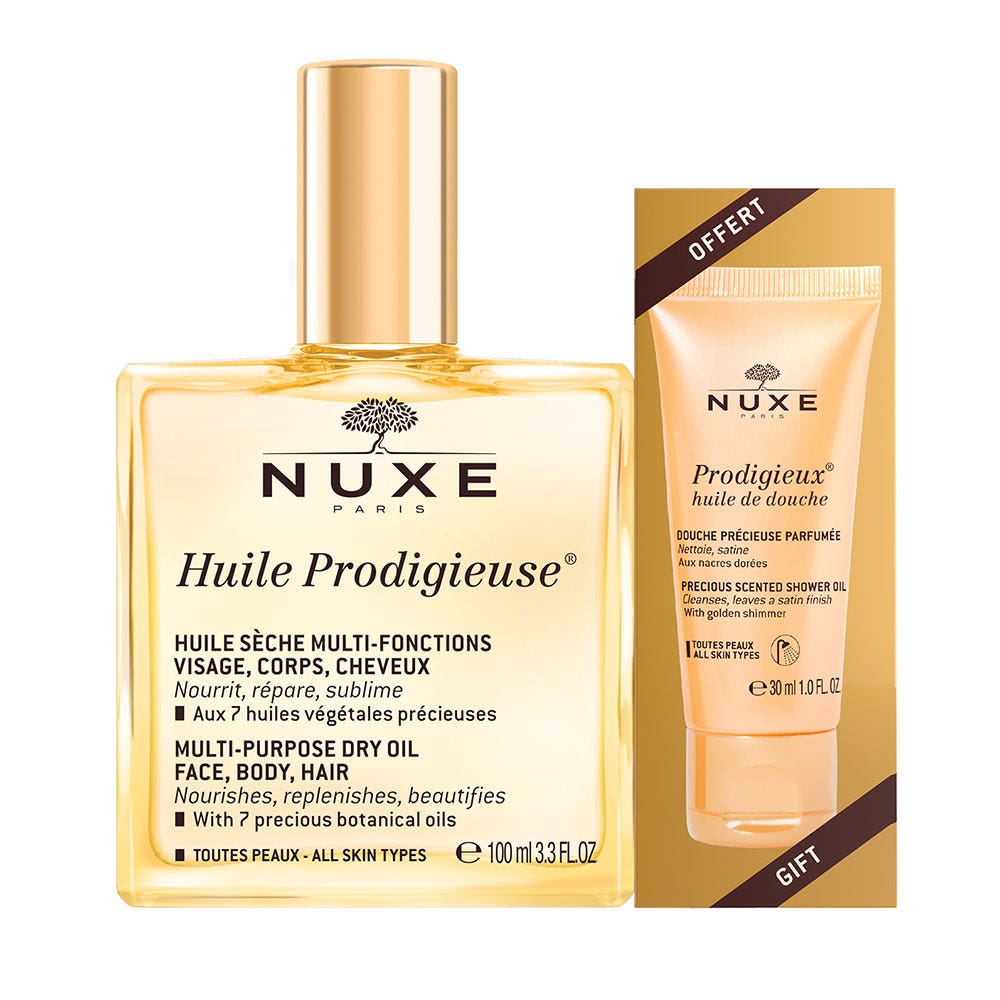 Nuxe Huile Prodigieuse Huile Sèche Multi-fonctions 100ml + Huile de douche 30ml Face, Body & Hair