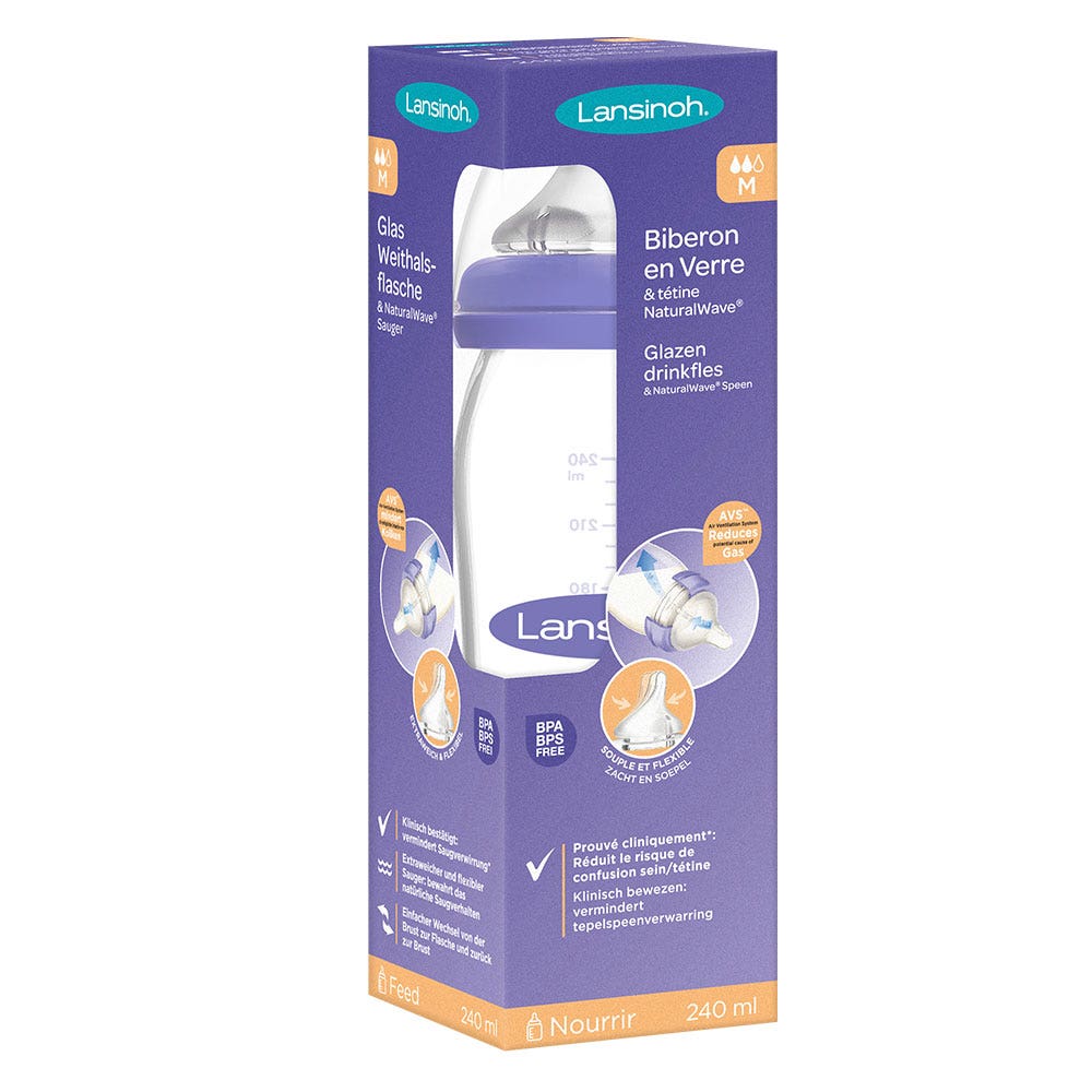 Lansinoh Natural Wave Glass Feeding Bottle With Teat M 240ml
