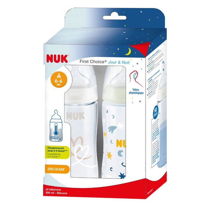 Nuk First Choice+ avec Temperature Control Day/Night Silicone Feeding Bottle 0 to 6 months 2x300ml