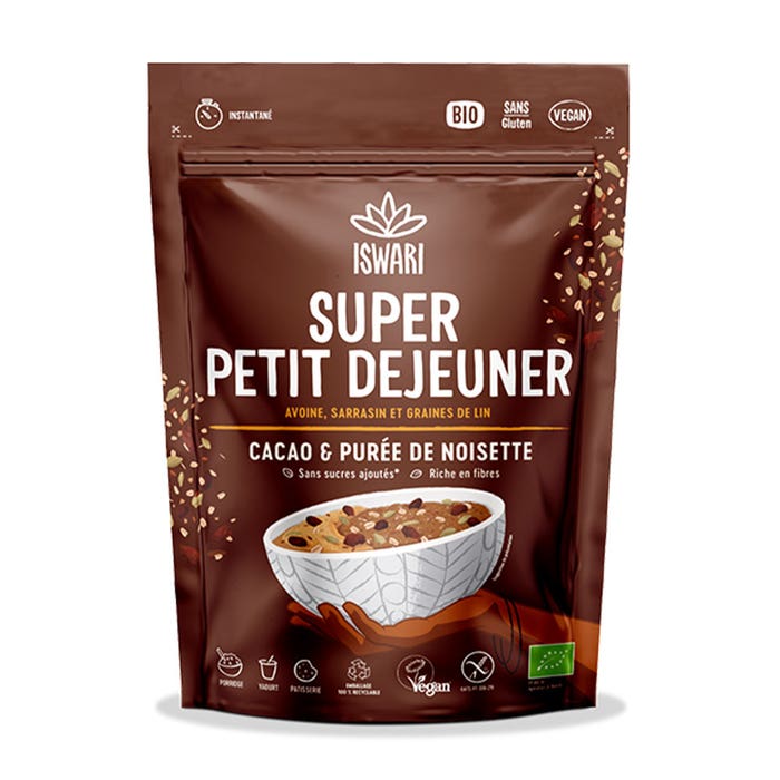 Super Breakfast Organic Cocoa and Hazelnut Puree 360g Super Petit Déjeuner Iswari