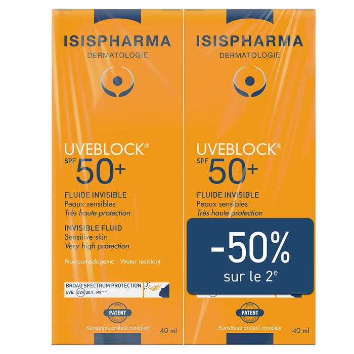 Invisible Fluid Spf50+ for Sensitive Skin 2x40ml Uveblock Isispharma