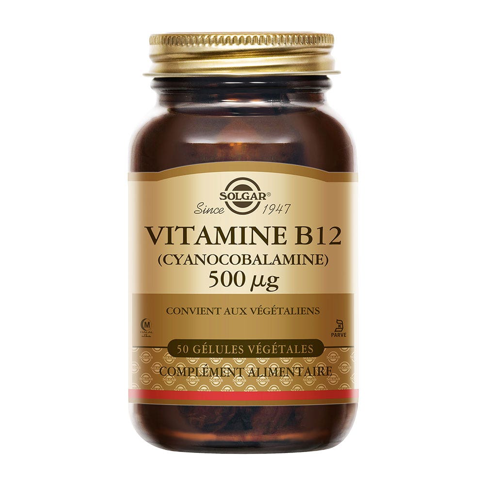 Solgar Vitamin B12 (cyanocobalamin) supports energy and vitality 50 Vegetarian Gelules