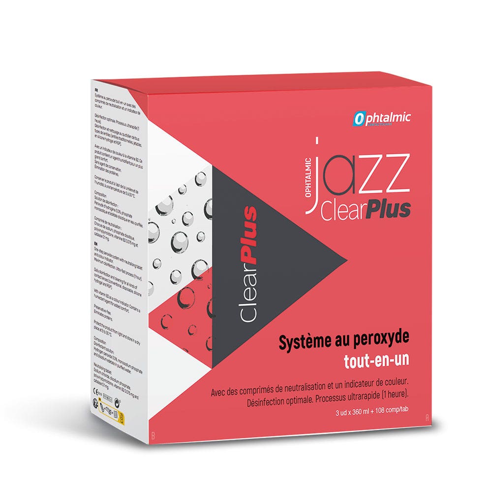 Ophtalmic ClearPlus Solution oxydante lentilles souples et rigides 3x360ml + 108 comprimés