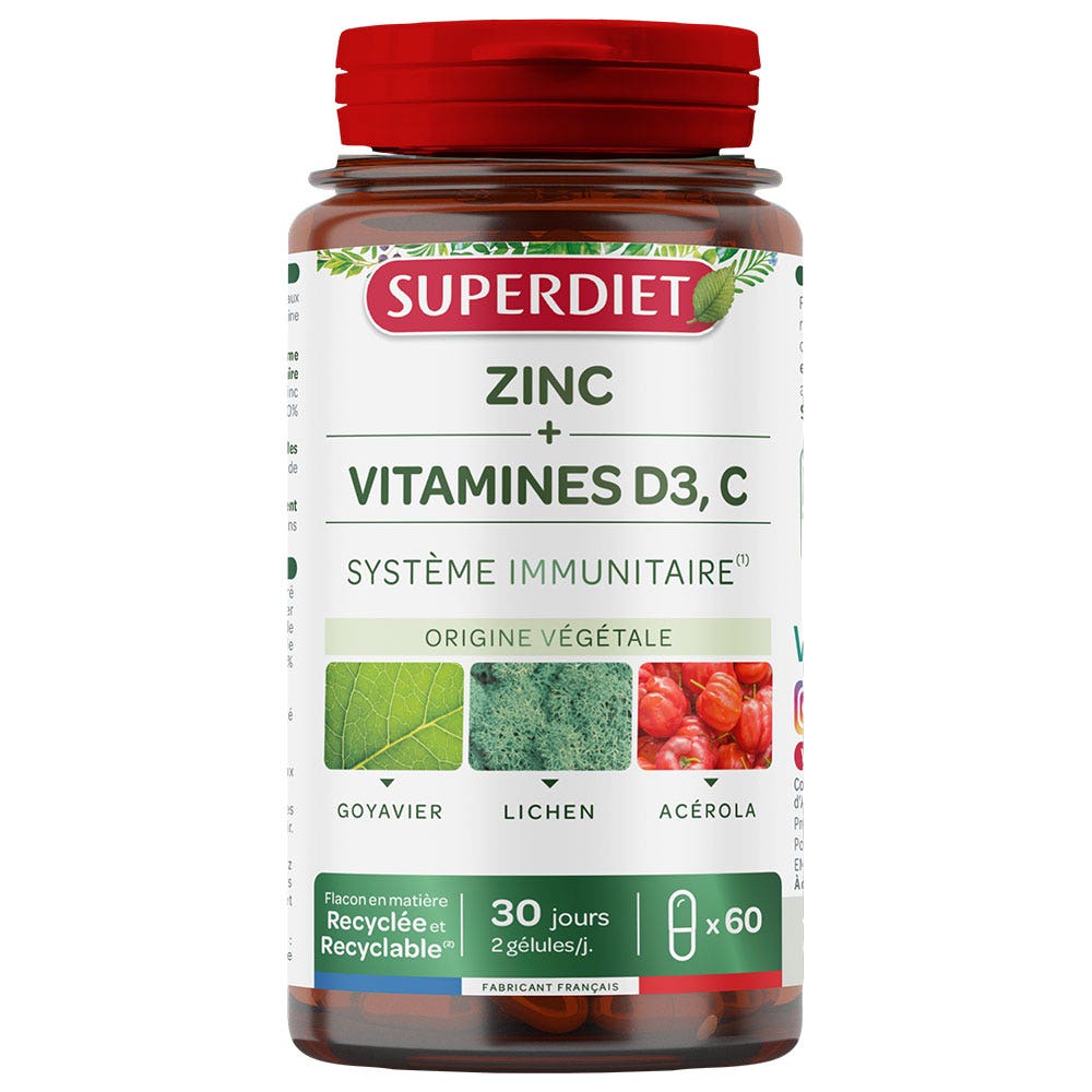 Superdiet Zinc + Vitamins D3 and C Immune System 60 capsules Easypara