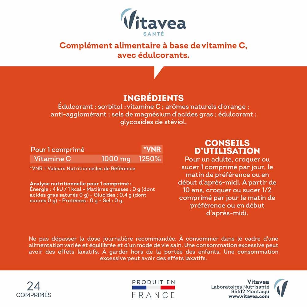 Vitamine C 1000 Mg à Croquer - Complément Alimentaire Pour Tonus Et énergie - Lutte Contre La Fatigue - Neuf