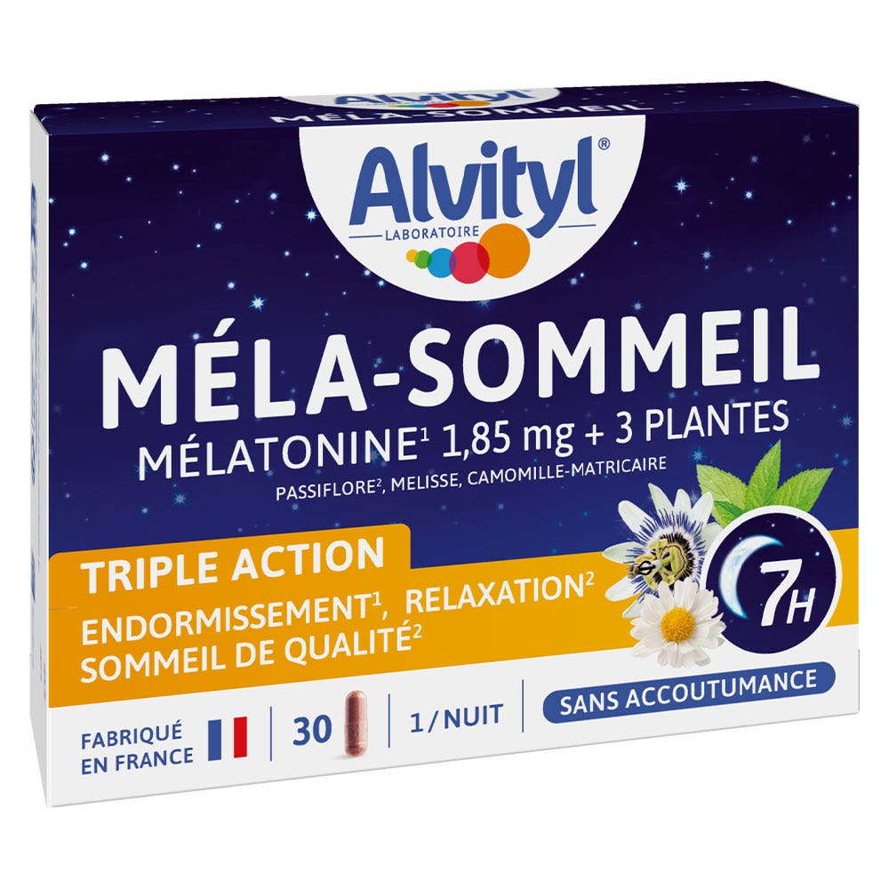Alvityl Méla Sleep melatonin 1.85mg with 3 botanical extracts 60 capsules