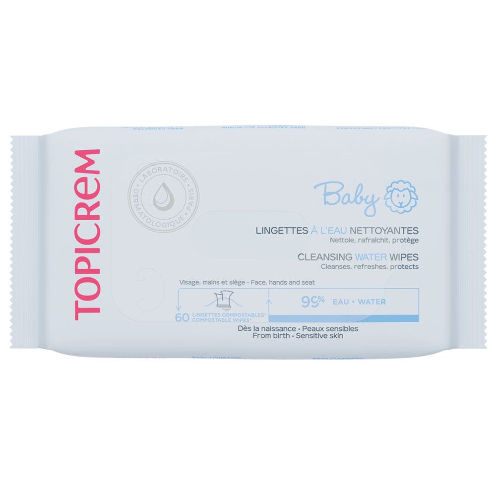 Topicrem Baby Baby cleansing wipes face, hands and nappy area 60 compostable wipes