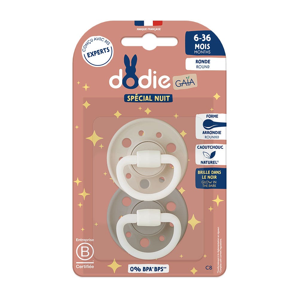 Dodie Gaia Anatomical round night soothers suitable from 6 to 36 months 2 x