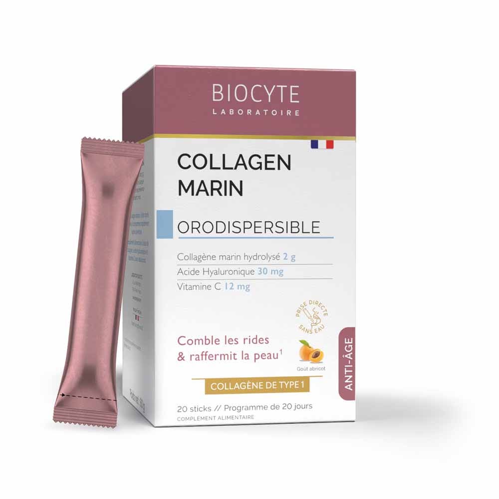Biocyte Anti-ageing Marine Collagen Hyaluronic Acid and Vitamin C Apricot flavour 20 orodispersible sticks
