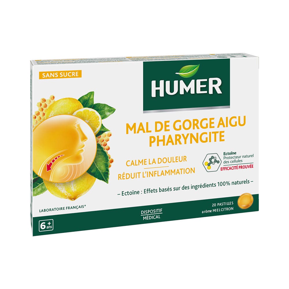 Humer Sore throat and pharyngitis honey lemon 20 pastilles