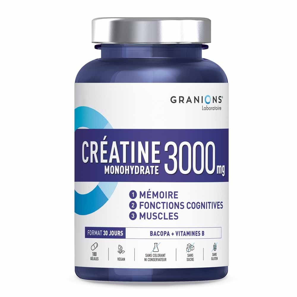 Granions Creatine 3000 monohydrate bacopa muscle performance and cognitive support 180 capsules