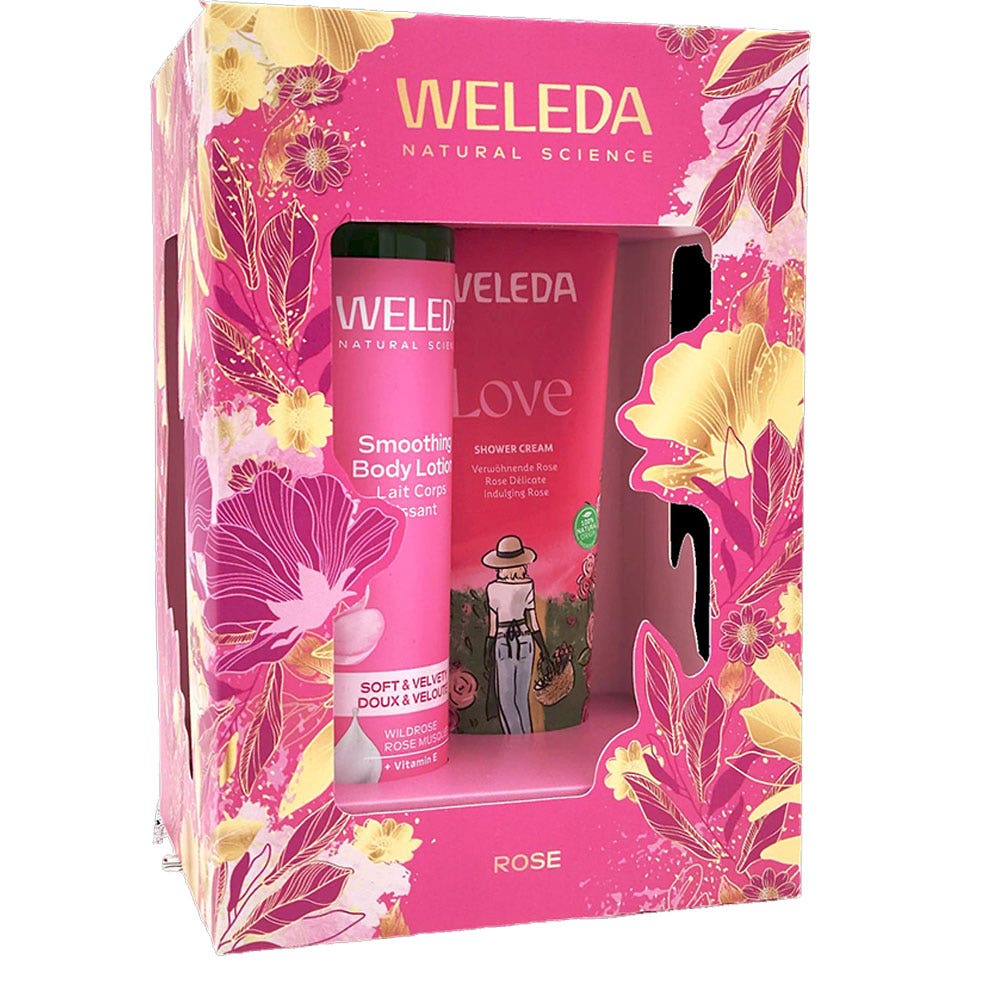 Weleda Rose smoothing body milk gift set with rosehip Love shower cream 100 ml