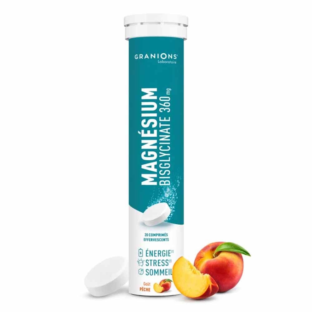 Granions Magnesium bisglycinate 360 mg peach flavour 20 effervescent tablets