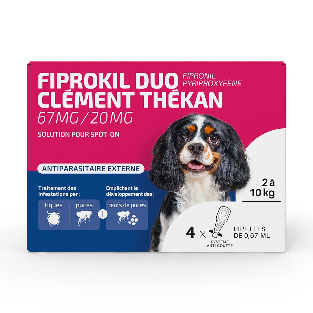 Clement-Thekan Fiprokil FIprokil Duo Flea &amp; Tick Control Dog 2-10kg 4 Pipettes Chien 2-10kg 0.67ml x4 pipettes