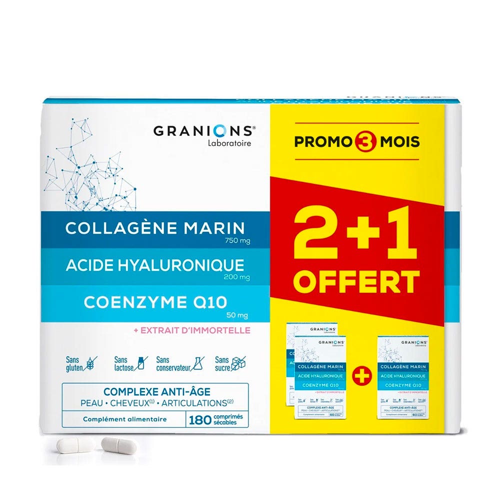Granions Complex Collagen hyaluronic acid and coenzyme Q10 anti-ageing Aux 3 Actifs 3x60 tablets
