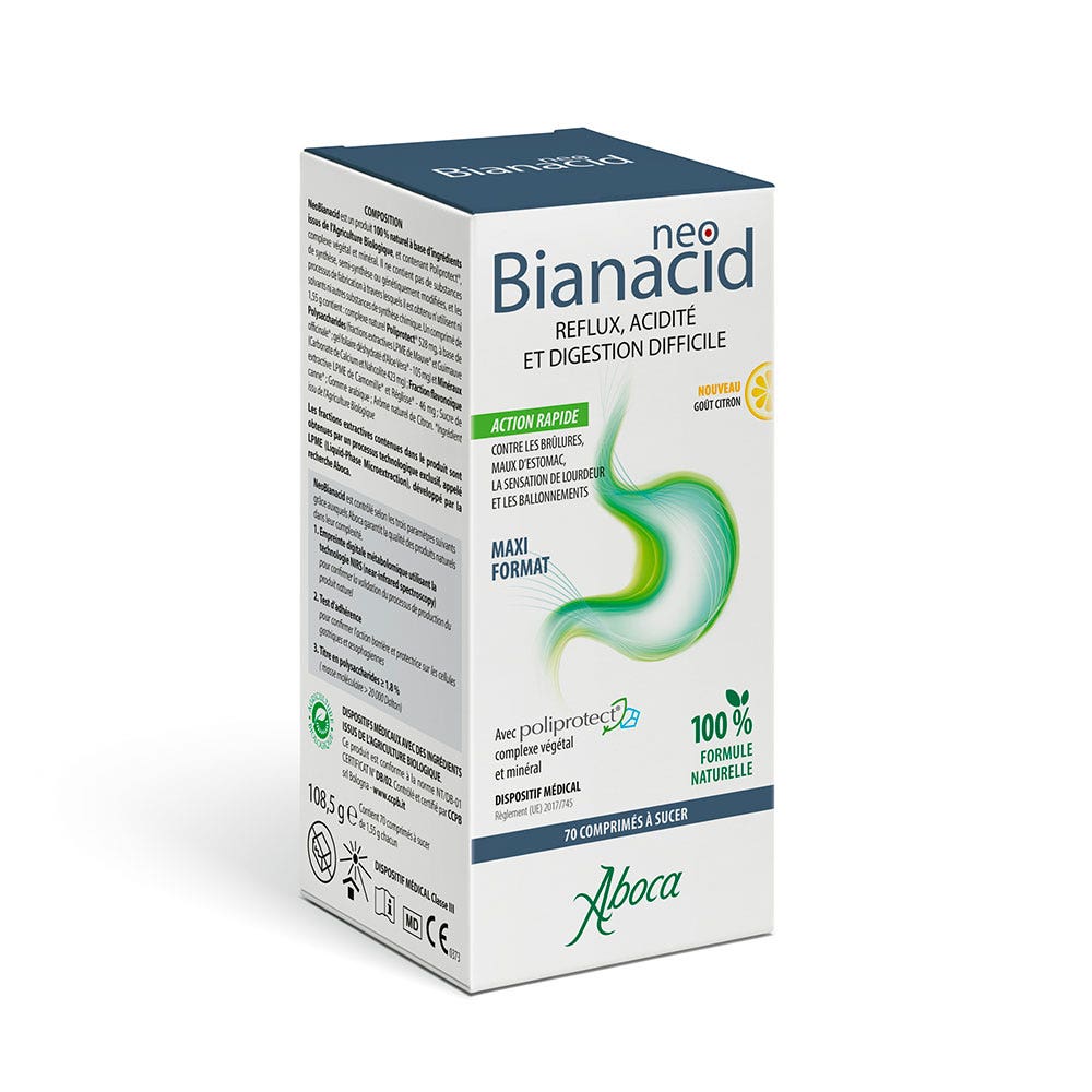 Aboca Neobianacid Reflux, acidity and digestive discomfort lemon flavour 70 tablets