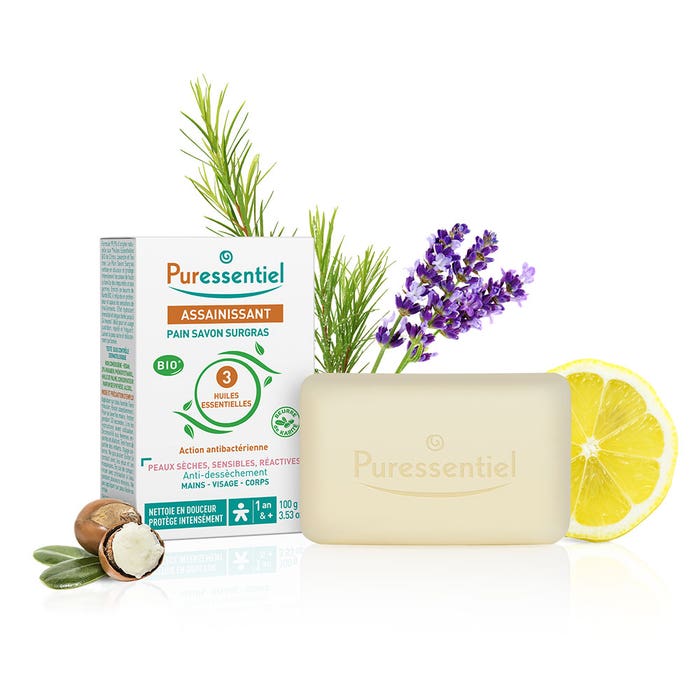 Superfatted Soap Bar with 3 Organic Essential Oils 100g Sanitizing Puressentiel 100g Assainissant Puressentiel