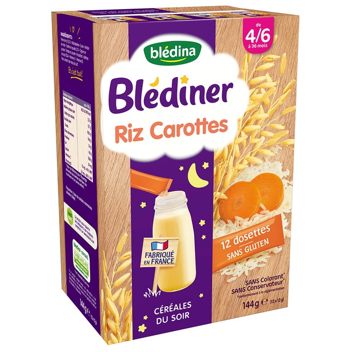 Blédina Blediner Evening Dish Cereals And Carrot Rice Gluten Free From 4 Months X 12 Sachets