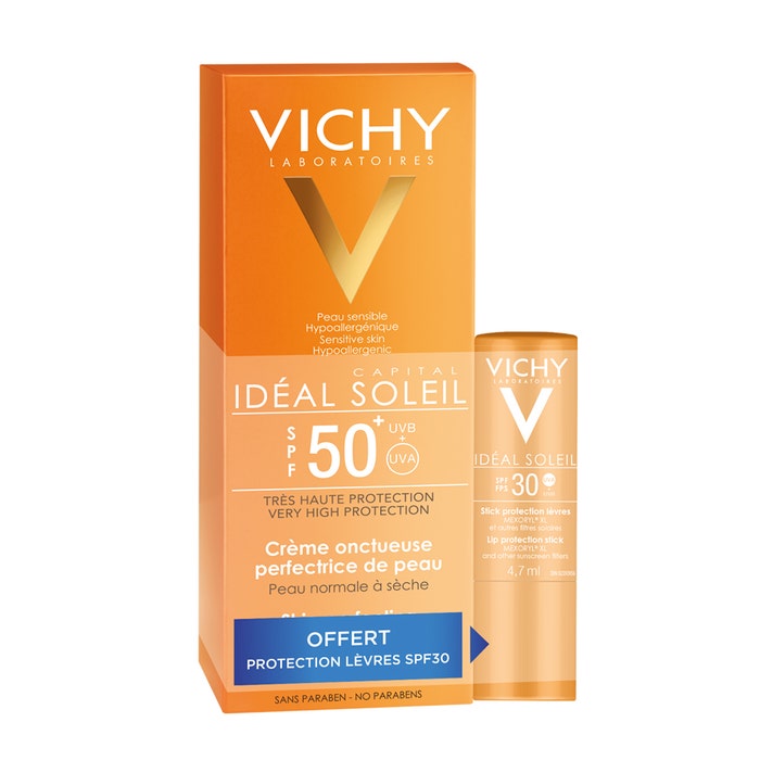 Vichy Ideal Soleil Skin Perfecting Velvety Cream Normal To Dry Skins Spf50+ + Lip Care Spf30 50ml