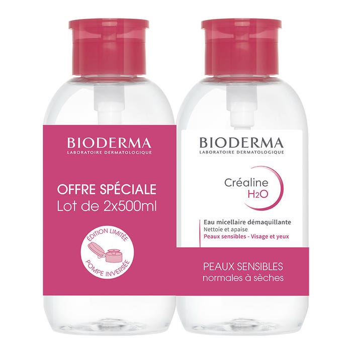 Bioderma Crealine Make-up removing micellar water limited inverted pump H2O Nettoie et apaise les peaux sensibles 2x500ml