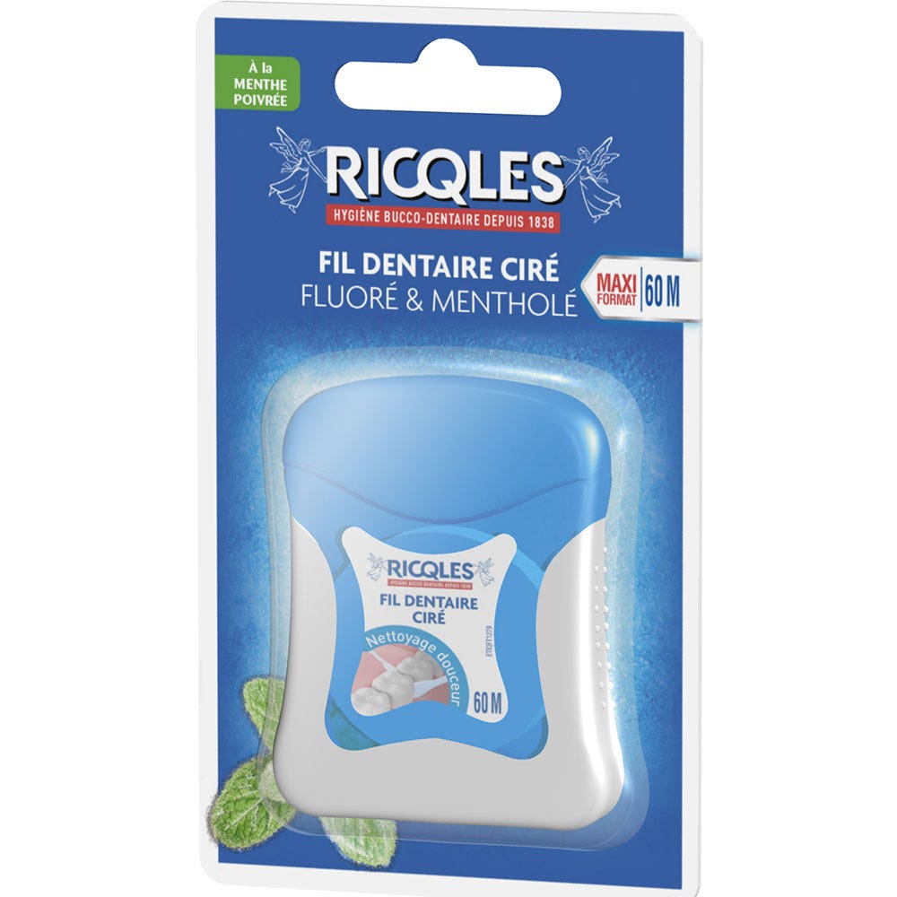 Ricqles Waxed Dental Floss Fluroé et Mentholé A La Menthe Poivrée 60m