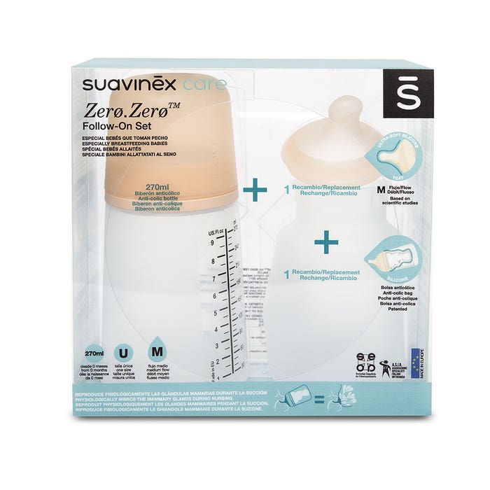 Suavinex Zero Zero 270ml Milk feeding bottle + Teat M + Silicone pouch pack  270ml - Easypara