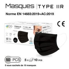 Black Disposable Surgical Masks x50 Type IIR EN 14683:2019+AC:2019 Vog Protect