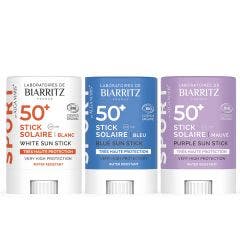 Stick Solaire SPF50+ Bio Coloré SPORT Voyage 12g Soins Solaires Laboratoires De Biarritz